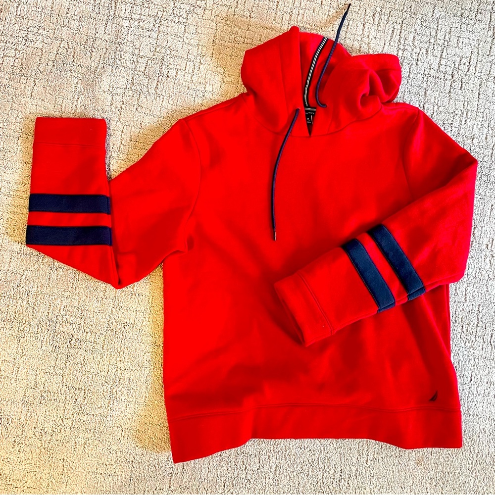 Nautical women’s red and blue striped drawstring sweatshirt size M